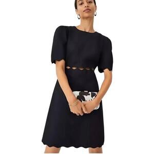 Ann Taylor Scalloped Cotton Linen Cut Out Dress Black 12 NEW